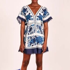 Farm Rio Floral V-Neck Dress with Blue Accents